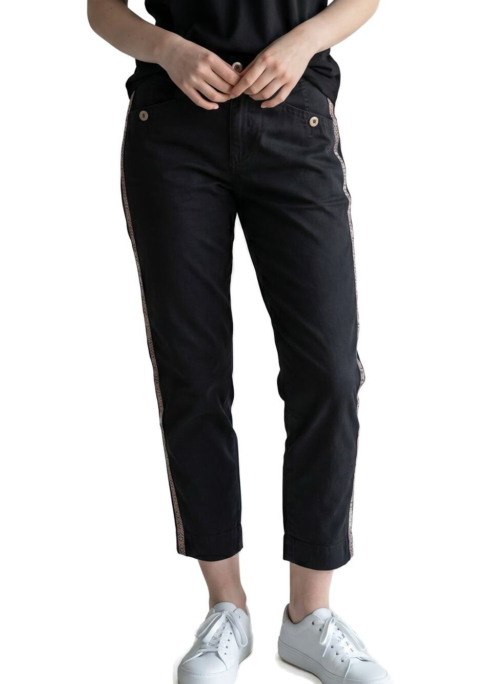 Anthropologie Twill Pants 8 Black Embroidered Side Stripe Straight Leg Boho